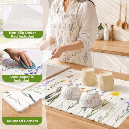 LOKHOM Stone Dish Drying Mat, 15.3"x23.6" Diatomaceous Earth Mat Floral - Image 4