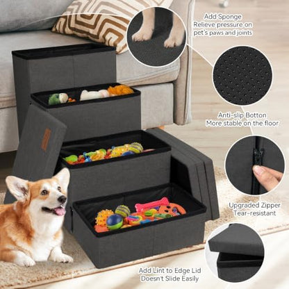 Zerbuger Dog Stairs with Storage, Dark Grey 4 Steps Dog Ramp no Condo - Image 4