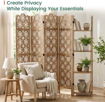 Svimi Wood Room Divider with 4-Tier Shelves, 4 Panel Privacy Screen - Image 6