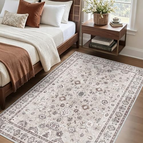 Washable 4x5 Rug for Entryway Non Slip Indoor Soft 5x4 Carpet Beige by NYZEL