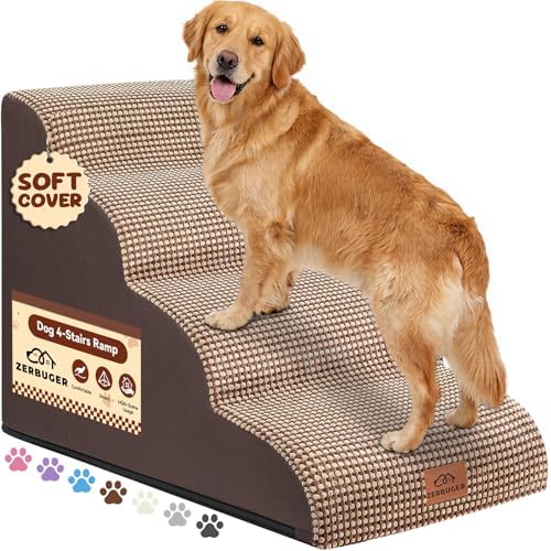 Zerbuger Dog Ramp and Stairs for Bed, Coffee 4 Steps 20" H, Nonslip Cover by Zerbuger