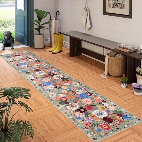 Floral Hallway Runner 2x10 Green Carpet Kitchen Rug - Image 2