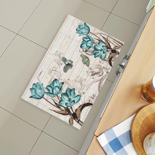 Giwawa Teal Floral Bath Rug Butterfly Flower Bath Carpet Soft Bathroom Plush - Image 6