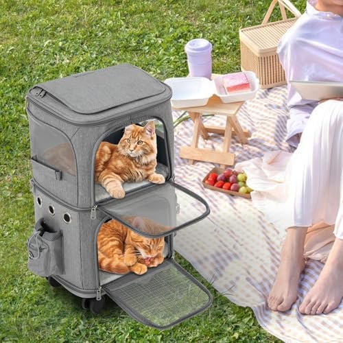 2-Tier Rolling Pet Carrier for Cats & Dogs, Removable Divider, Telescopic Handle - Image 3