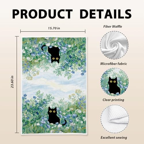 Black Cat Blue Flower Kitchen Towels, Decor - Image 5