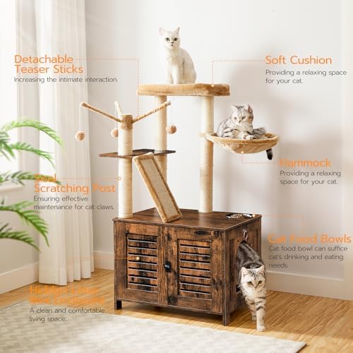 HOOBRO Cat Tree with Litter Box Enclosure, Cat Hammock, Hidden Litter Box - Image 5
