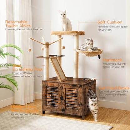 HOOBRO Cat Tree with Litter Box Enclosure, Cat Hammock, Hidden Litter Box - Image 5