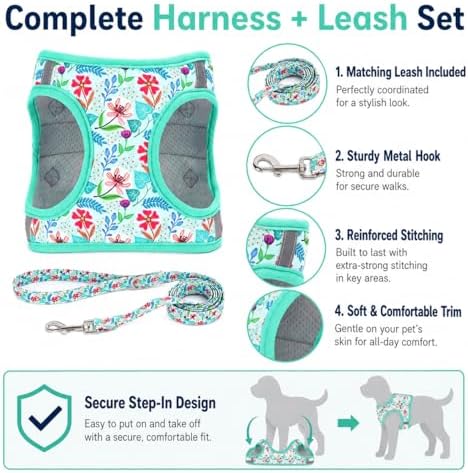 Step in Dog Harness Leash Set- All Weather Reflective No-Pull Floral Pattern - Image 2