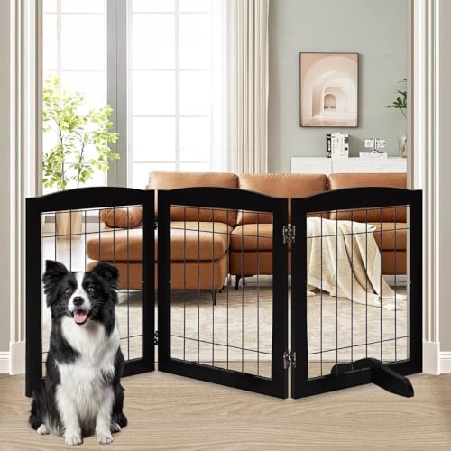 LZRS 3-Panel Freestanding Wooden Dog Gate—30" Tall Foldable Pet Barrier by LZRSPET