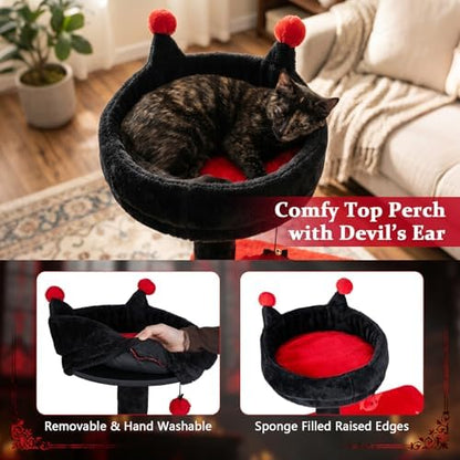 PETSITE 57-inch Gothic Cat Tree, Bat-Shaped Dangling Ball, Comfy Condo - Image 5