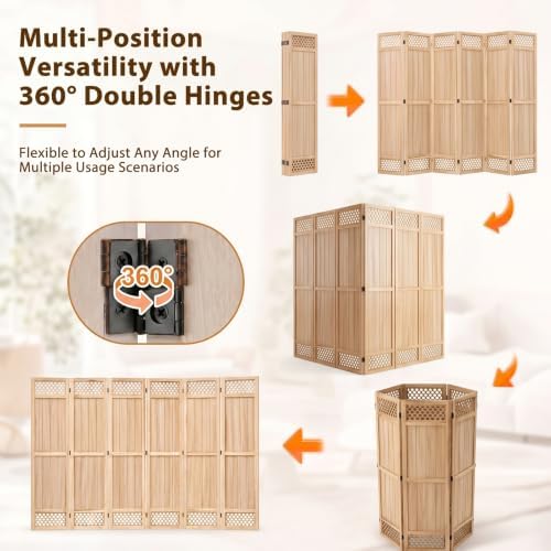 Wood Room Divider Privacy Screen, Natrual Carved Room Divider 6 Panel 67" - Image 4