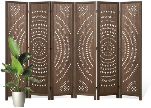 66.9Inch Folding Room Divider, 6 Panels Wood Carved Privacy Screens Free by Svimi