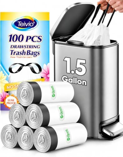 Small Drawstring Trash Bags 1.5Gallon 100 Counts by Teivio, 1.6 Gallon Bathroom by Teivio