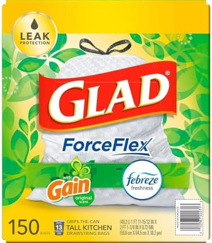 GLAD ForceFlex Tall Kitchen Drawstring White Trash Bags, Gain Original Scent by GladTrashFoodStorage