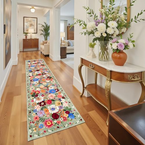 Green Floral Hallway Runner Rug 2'6"x14 - Image 6