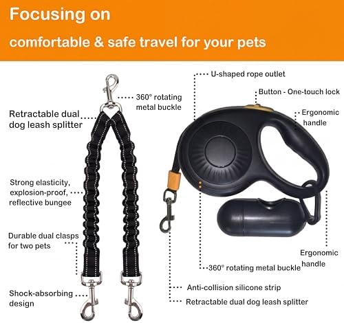 Double Dog Leash for Walking 2 Small Dogs, Dual Retractable 9.8ft Extendable - Image 2