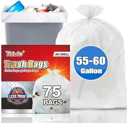 Teivio Large Clear Trash Bags 55-60 Gallon 75 Count 50+ Gal Garbage Bags by Teivio