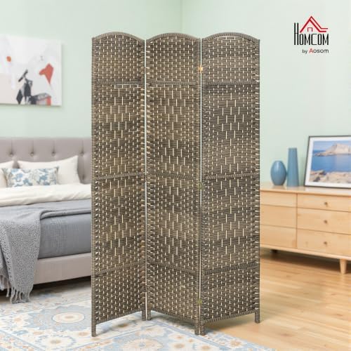 HOMCOM 3 Panel Room Divider 6 Ft Privacy Screen Hand-Woven Dark Rustic Oak - Image 2