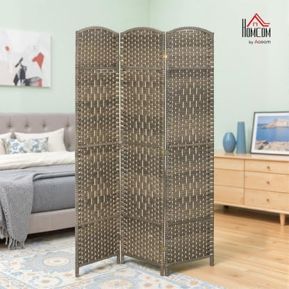 HOMCOM 3 Panel Room Divider 6 Ft Privacy Screen Hand-Woven Dark Rustic Oak - Image 2