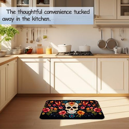 Skull Flowers Bathroom Mat, Non-Slip Rubber Backing Thin Low-Profile Bath Rug - Image 6