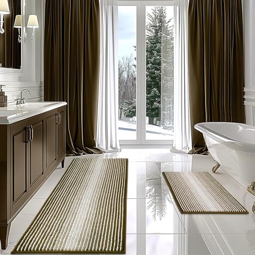 BSICPRO Bathroom Rugs Sets 2 Piece, Non Slip Striped Bath Mat, Coyote Brown by BSICPRO