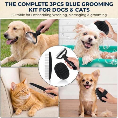 3-in-1 Pet Grooming Kit Rake Metal Comb & Bath Brush Black - Image 6