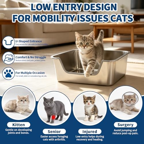 FHTONGE Low Entry Thickened Stainless Steel Cat Litter Box - Image 3