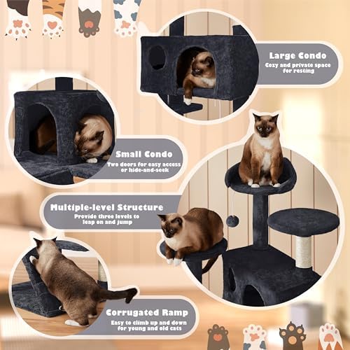 Yaheetech 54in Cat Tree Tower, 2 Caves, Kitten-Ear Perch & Scratching Posts - Image 3
