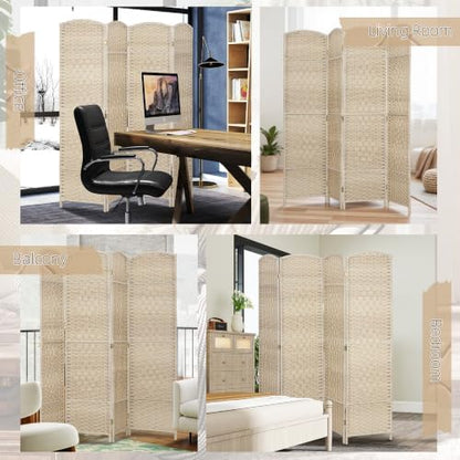 HOMCOM 4 Panel Room Divider 6 Ft Privacy Screen Hand-Woven Washed Oak - Image 6