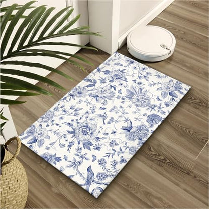 Chinoiserie Flower Bath Rug Blue Leaves Bathroom Mat 20"x32" Soft Plush - Image 6