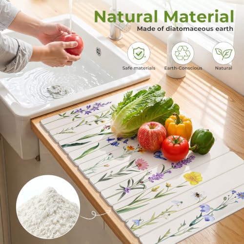 LOKHOM Stone Dish Drying Mat, 15.3"x23.6" Diatomaceous Earth Mat Floral - Image 3