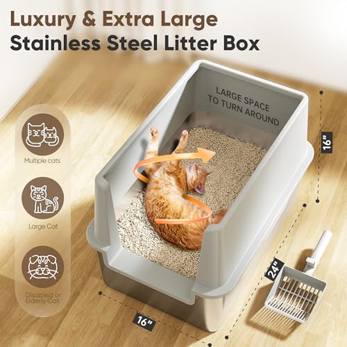 16" High Sides Stainless Steel Litter Box - Image 2