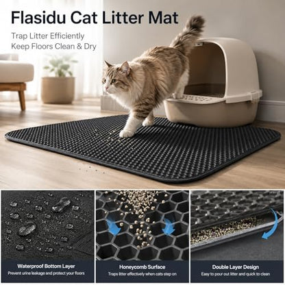 Cat Litter Box Mat, Double-Layer Honeycomb Litter Trap 30"x22" Blakc - Image 2