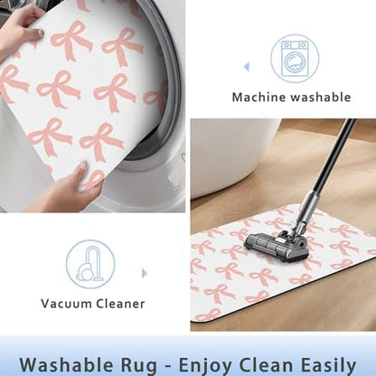 Pink Bow Fast Drying Absorbent Bathroom Mat, Non-Slip Rubber Backing Thin - Image 5