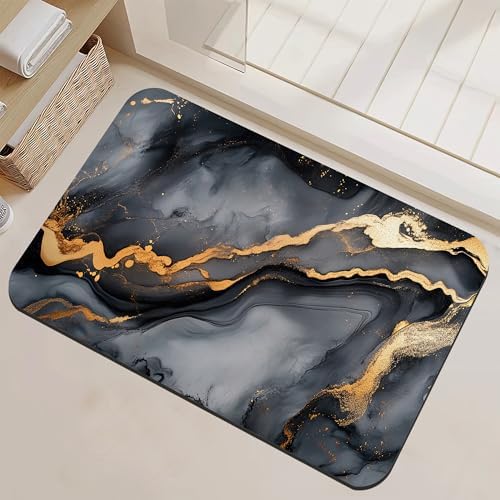Grey Gold Marble Bathroom Rugs Thin Bath Mat Non Slip Washable, Rubber Backing by NSMNSM