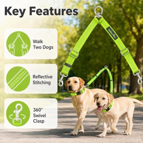 Double Dog Leash Coupler, No Tangle 360° Swivel Adjustable Reflective Dog Leash - Image 2