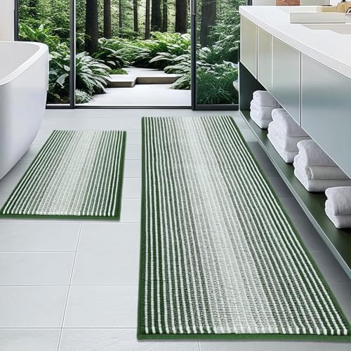 BSICPRO Bathroom Rugs Sets 2 Piece, Non Slip Striped Bath Mat, Hunter Green by BSICPRO