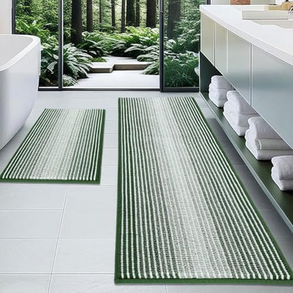 BSICPRO Bathroom Rugs Sets 2 Piece, Non Slip Striped Bath Mat, Hunter Green by BSICPRO