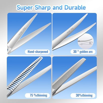 Dog Grooming Scissors Set 7.5 in Professional Curved Thinning Straight Chunker - Image 3