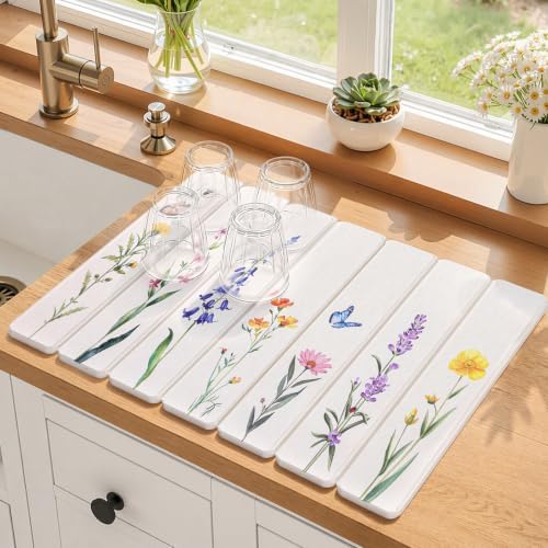 LOKHOM Stone Dish Drying Mat, 11.8"x15.7" Diatomaceous Earth Mat Floral by LOKHOM