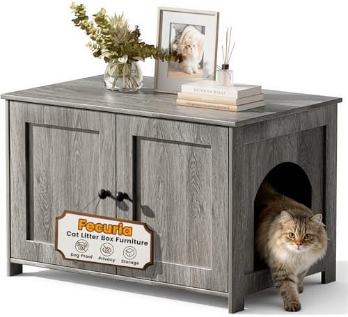 Cat Litter Box Enclosure Furniture Dog Proof, Hidden Kitty Washroom Cabinet Low by Fecuria