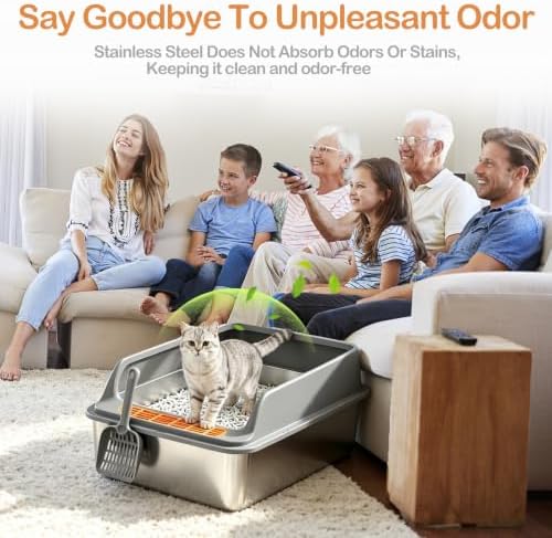 High-Sided XL Stainless Steel Cat Litter Box, Includes Scoop - Image 7