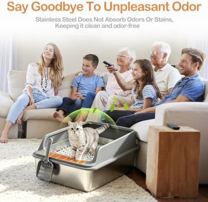High-Sided XL Stainless Steel Cat Litter Box, Includes Scoop - Image 7
