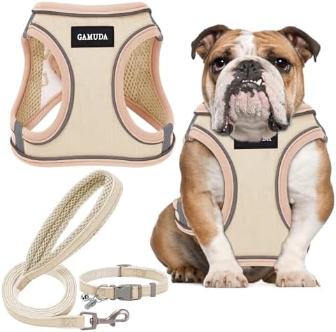 GAMUDA Small Pet Harness Collar and Leash Set, Step in No Chock No Pull Linen by GAMUDACollarsCollection