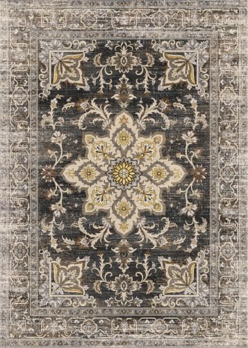 Washable 6x6 Rug Non Slip Soft Stain Resistant 6 ft Carpet BlackGold by NYZEL