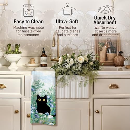 Black Cat Blue Flower Kitchen Towels, Decor - Image 3