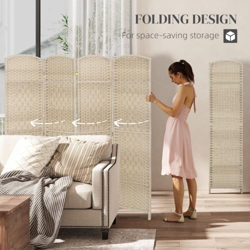 HOMCOM 4 Panel Room Divider 6 Ft Privacy Screen Hand-Woven Washed Oak - Image 3