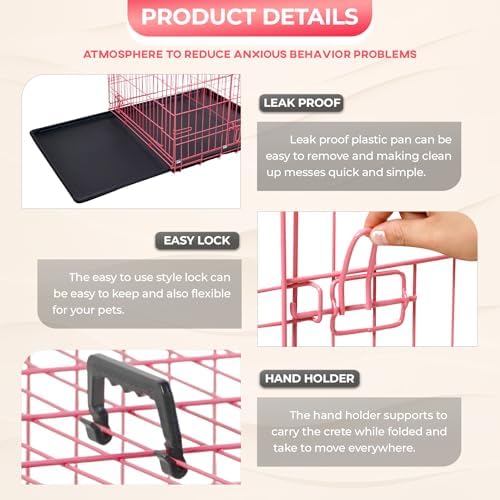 FDW | 42" Foldable Metal Dog Crate | Pink | Cage - Image 5