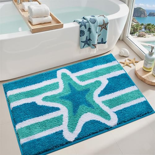 Blue Coastal Bathroom Rugs Non Slip Absorbent Fluffy Plush by Cevolyn