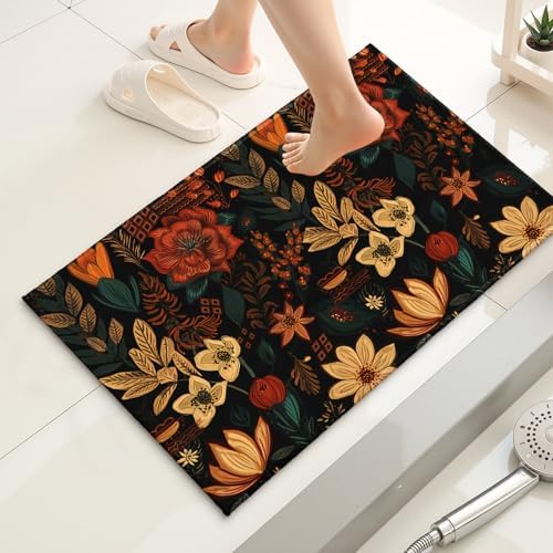 Giwawa Boho Floral Bath Rug Black Mid Century Bathtub Mat Absorbent Non Slip - Image 2